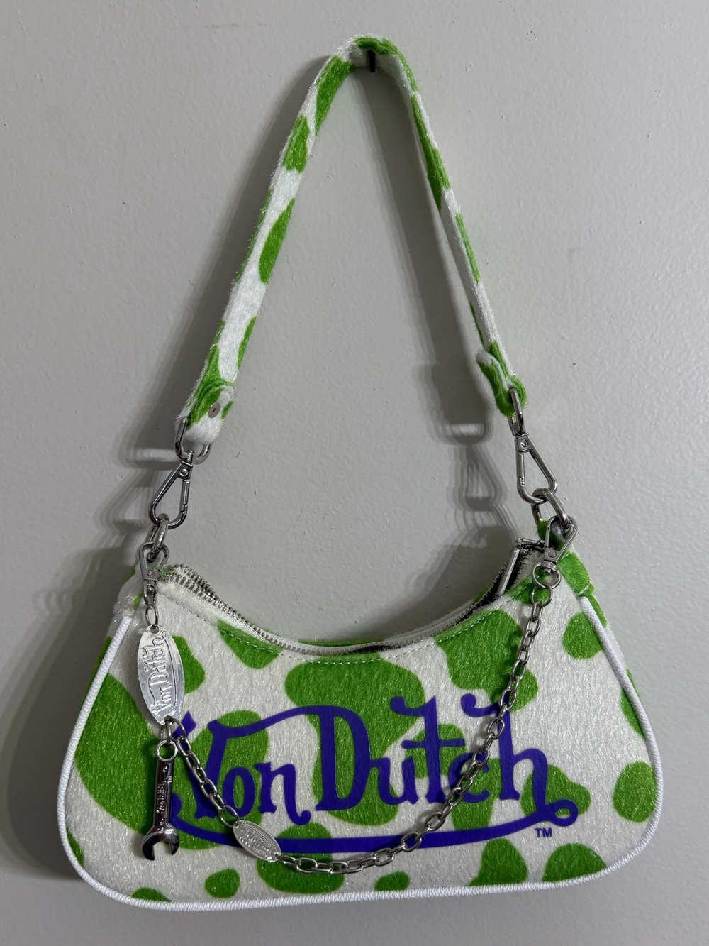 Von Dutch Vegan Pony Hair Lime Cow Print Shoulder Bag